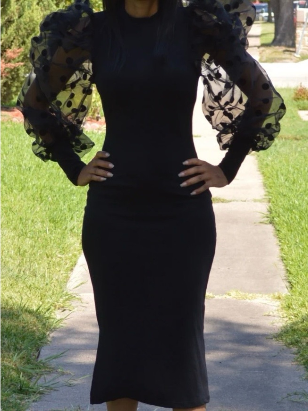 Bold Yet Feminine Black Sheer Polka Dot Sleeve Midi Dress